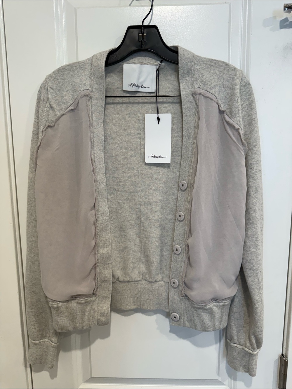 3.1 Phillip Lim Light Gray Bomber Cardigan with Chiffon Panels